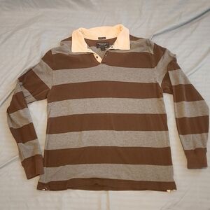 American Eagle Brown/Gray Striped Long Sleeve Polo Shirt (Mens L)